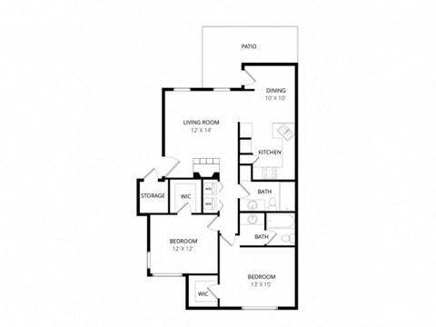 Floor plan for 2 beds, 2 baths, 958 sqft